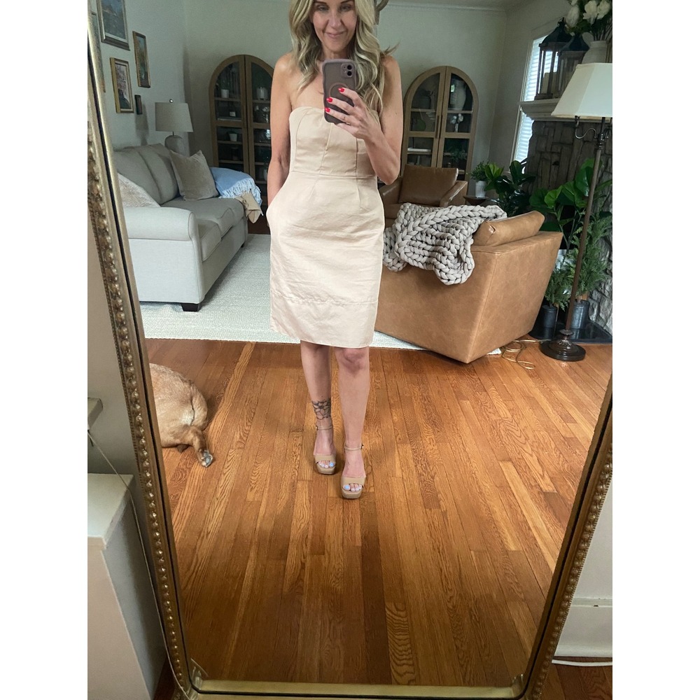 J.Crew neutral strapless midi dress elegant minimalism, warm earth tones 8P